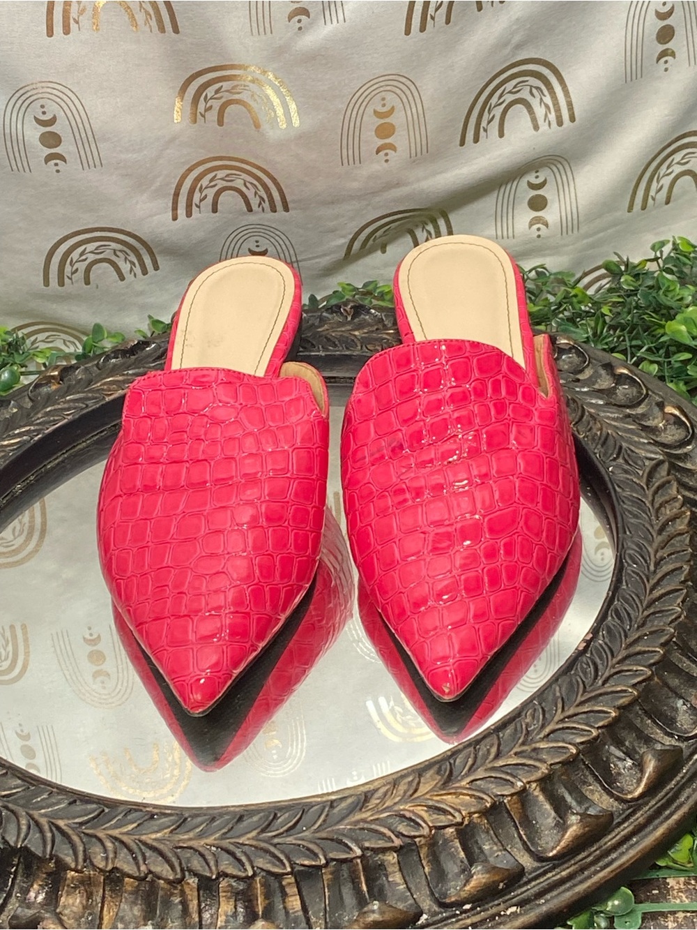 Pointed Red Croc-Embossed Slip-On Mules